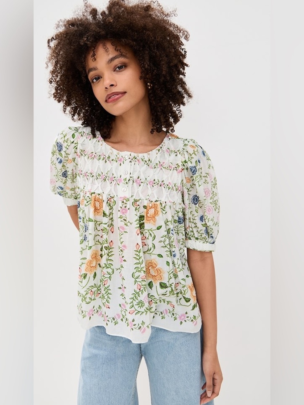 Farm Rio Folk Floral Off-White Scoop Neck Short Sleeve Blouse XXS